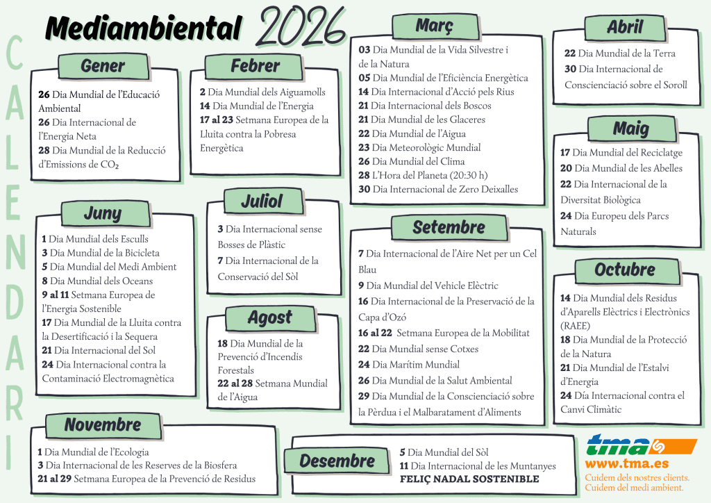 TMA, fechas medioambientales 2026, calendario sostenible 2026, sostenibilidad 2026, gestión de residuos, economía circular, calendario medio ambiente, fechas clave medio ambiente, cómo ser más sostenible durante el año, Environmental dates 2026, sustainable calendar 2026, sustainability 2026, waste management, circular economy, zero waste, environmental calendar, key environmental dates, how to be more sustainable during the year, dates mediambientals 2026, calendari sostenible 2026, sostenibilitat 2026, gestió de residus, economia circular, zero waste, calendari medi ambient, dates clau medi ambient, com ser més sostenible durant l'any