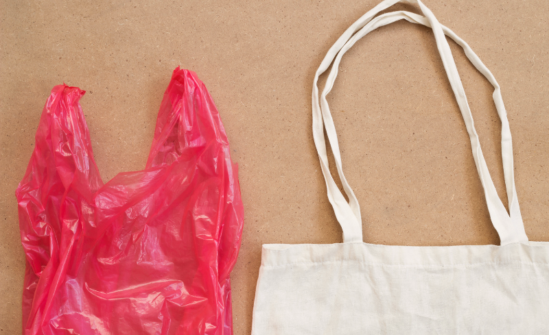 Bolsa de plástico desechable junto a una bolsa de tela reutilizable
