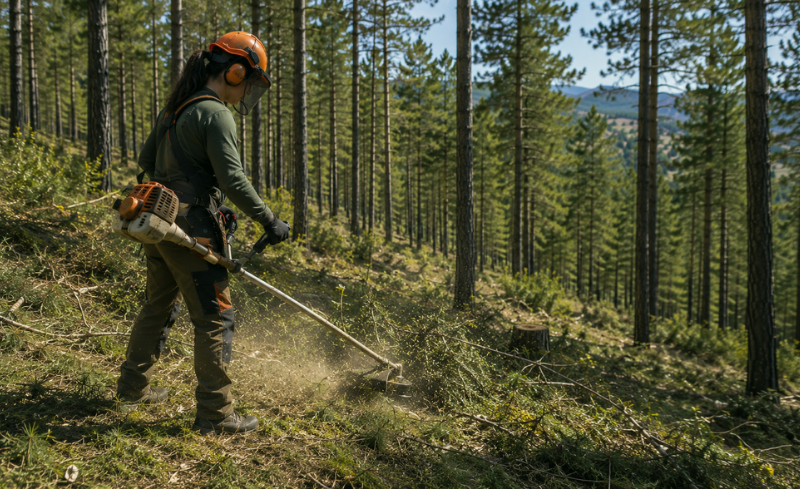 Trabajadora forestal realizando trabajos de desbroce y control de vegetación baja.