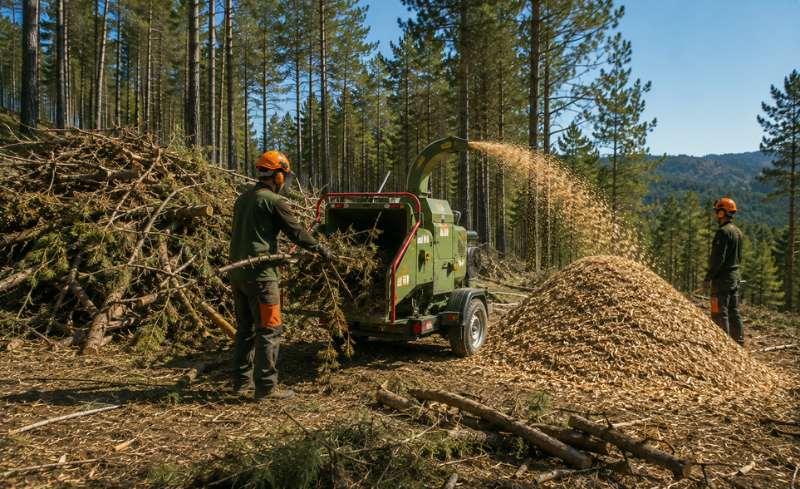 Trabajadores forestales triturando restos vegetales después de trabajos de desbroce.